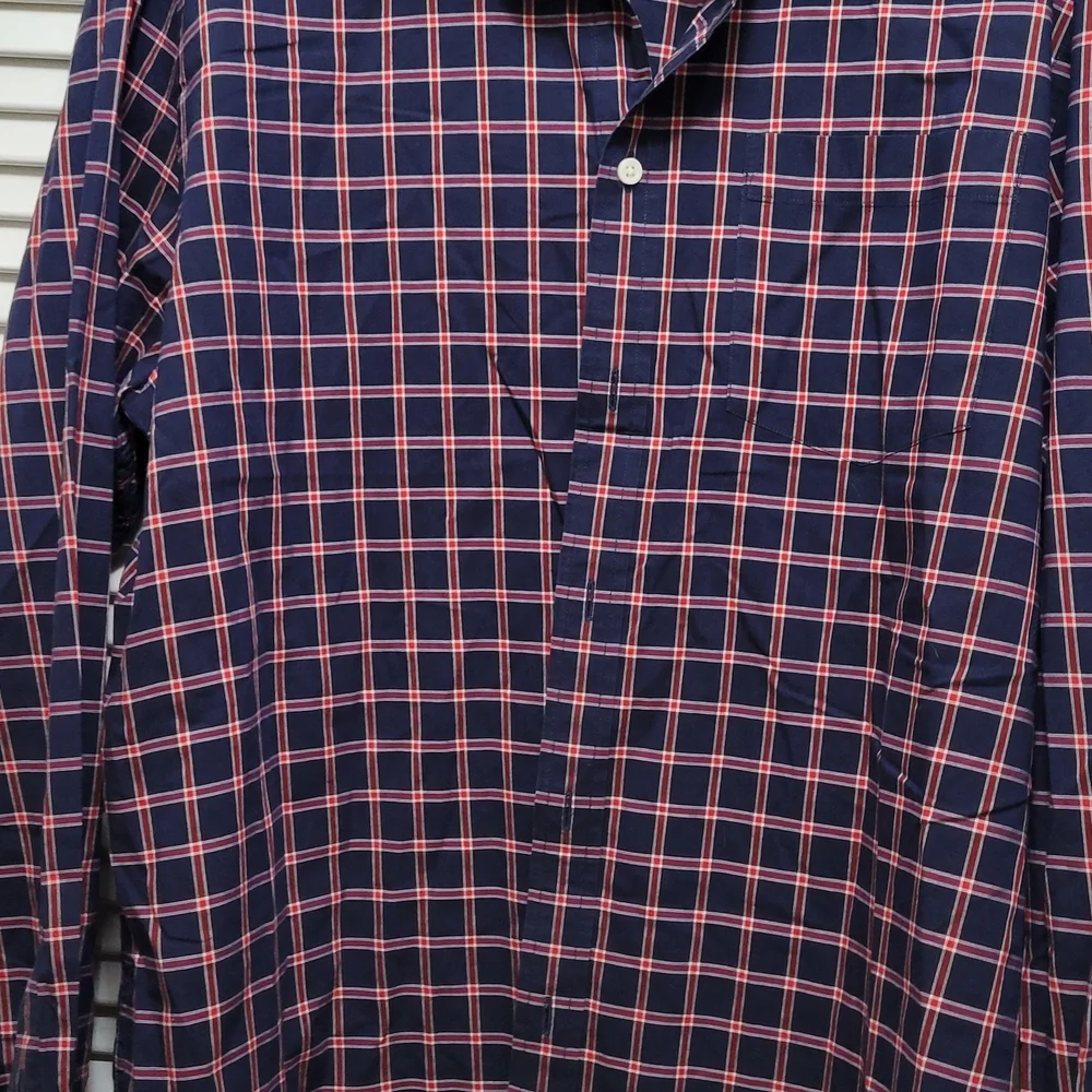 Banana Republic Men's Navy and Pink Checkered Shirt Long Sleeve